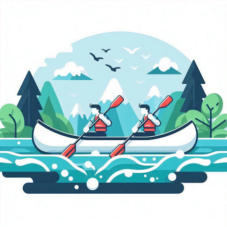 Kayaking on the river in the forest. Vector illustration in flat styleのイラスト素材
