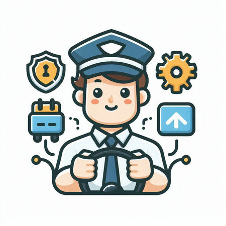 Policeman with steering wheel and control panel. Vector illustration.のイラスト素材