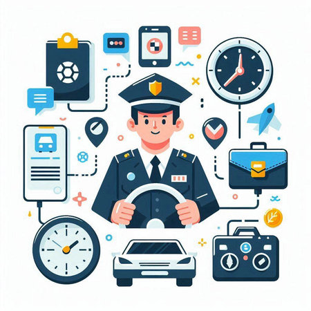 Policeman with set of icons. Vector illustration in flat styleのイラスト素材