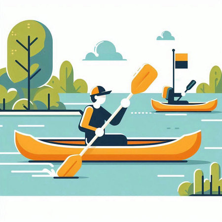 Man in a kayak on the river. Flat style vector illustration.のイラスト素材