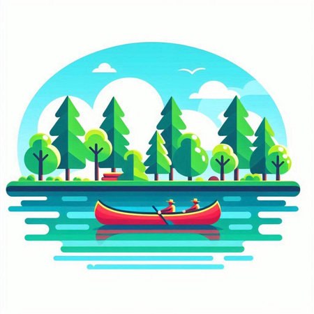 Flat vector illustration of a man in a canoe on the river.のイラスト素材