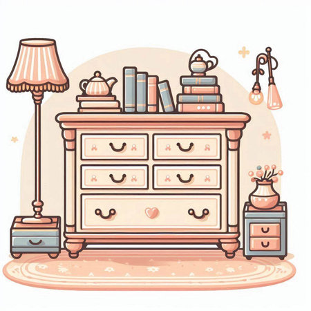Cartoon illustration of a chest of drawers with books and lampsのイラスト素材