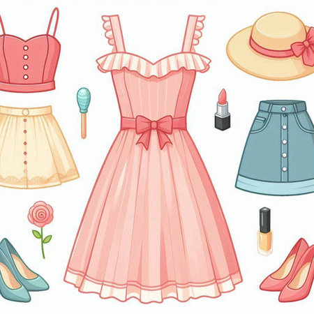 Illustration of a Set of Women's Clothes and Accessories.のイラスト素材