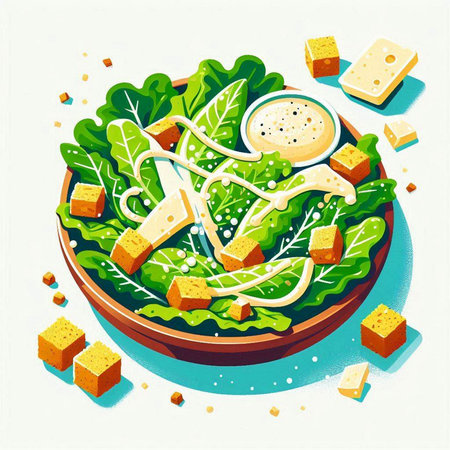 Salad with cheese and greens in a bowl. Vector illustration.のイラスト素材