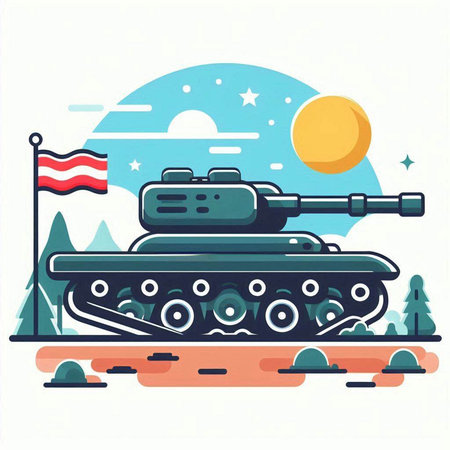 Military tank on the background of the landscape. Vector flat illustration.のイラスト素材
