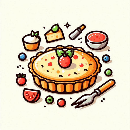 Hand drawn vector illustration of a pie with berries and cream. Doodle style.のイラスト素材