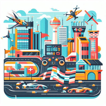Vector illustration of modern futuristic city with cars and skyscrapers.のイラスト素材