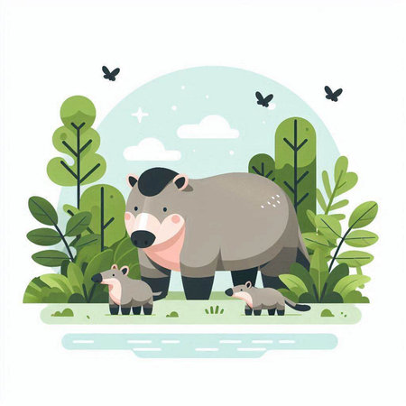 Hippo family in the forest. Vector illustration in flat styleのイラスト素材