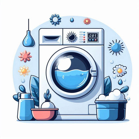 Washing machine with detergent and laundry detergent. Vector illustrationのイラスト素材