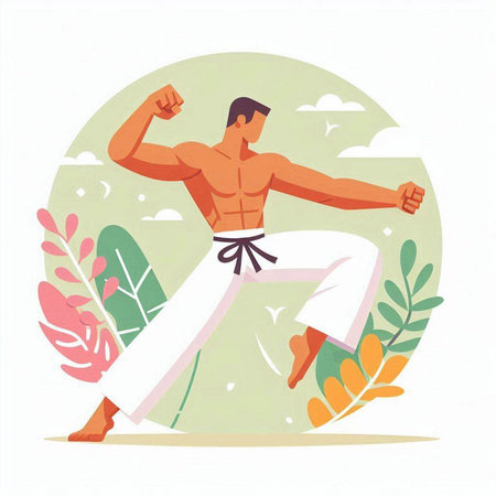Martial arts vector illustration in flat cartoon style. Man in kimono doing karate exerciseのイラスト素材