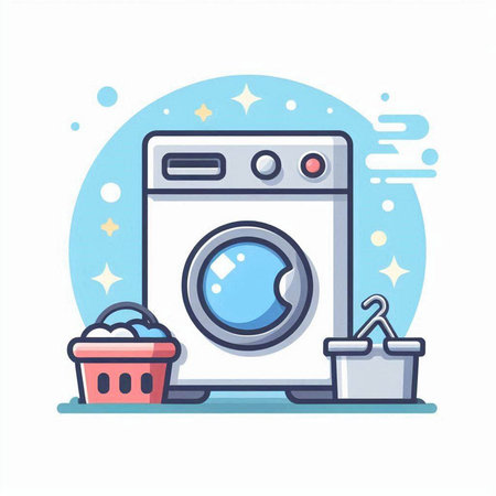 Washing machine and laundry basket with detergent. Vector illustration.のイラスト素材