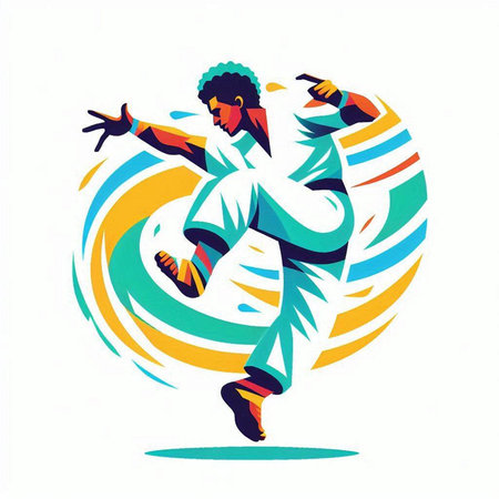 Vector illustration of young man dancing hip-hop in colorful circle.のイラスト素材