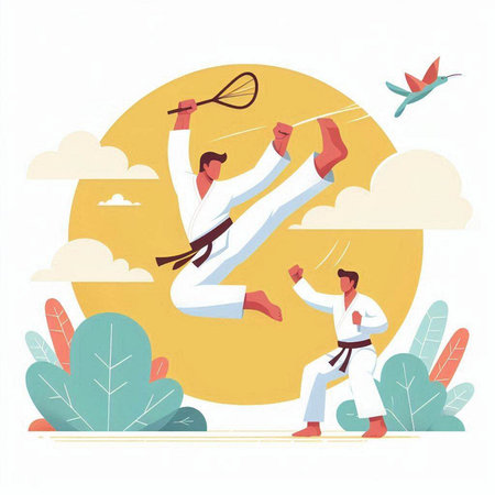 Taekwondo. Man in kimono training. Vector illustration.のイラスト素材