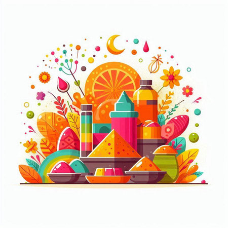 Indian Festival Holi background. Colorful vector illustration in flat style.のイラスト素材