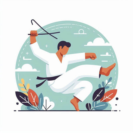 Martial arts vector illustration. Karate fighter in kimono training.のイラスト素材