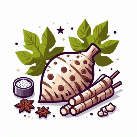 Taro root and spices. Hand drawn vector illustration in cartoon style.のイラスト素材