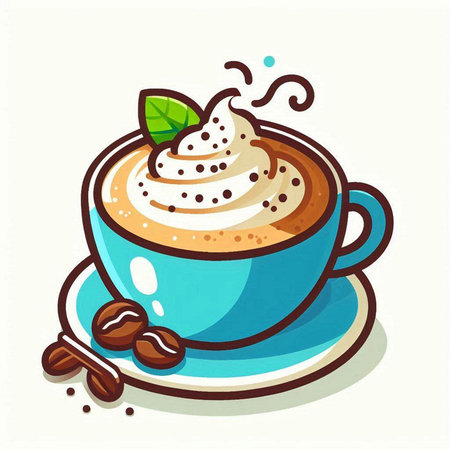 Coffee cup with whipped cream and coffee beans. Vector illustration.のイラスト素材