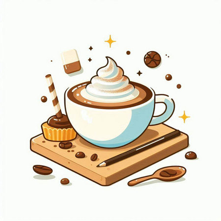 Coffee cup with whipped cream and cupcake, vector illustrationのイラスト素材