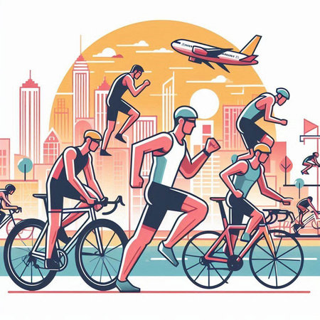 Group of people cycling in the city. Vector illustration in flat styleのイラスト素材