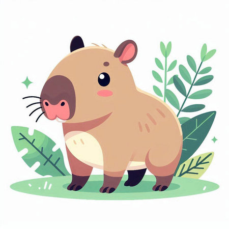 Cute cartoon baby hippopotamus on the green grass. Vector illustrationのイラスト素材