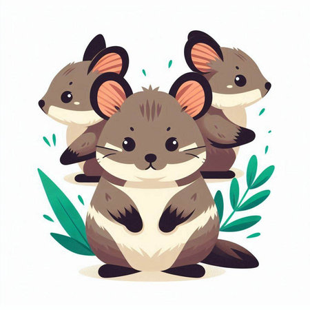 Cute cartoon mouse with green leaves on white background. Vector illustration.のイラスト素材