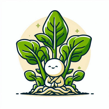 Cute little kawaii character with green lettuce leaves. Vector illustration.のイラスト素材