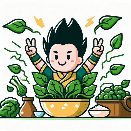 Cartoon vector illustration of a farmer holding a bowl full of green leaves.のイラスト素材