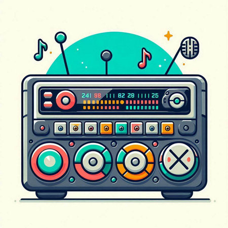 Retro radio with buttons and buttons. Vector illustration in flat style.のイラスト素材