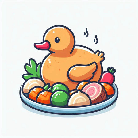 Illustration of a rubber duck on a plate with fresh vegetables.のイラスト素材