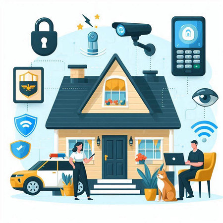 Home security system concept. Cartoon vector illustration of security system with remote control, CCTV camera, man and woman charactersのイラスト素材