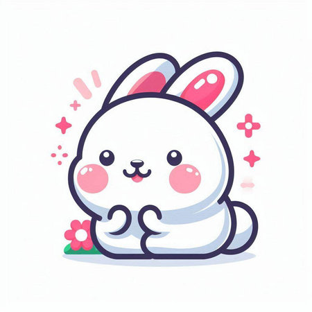 Cute white bunny with pink flowers on white background. Vector illustration.のイラスト素材