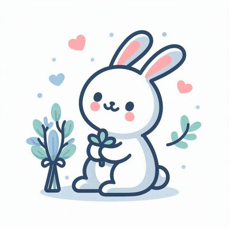 Cute little white rabbit with a bouquet of flowers. Vector illustration.のイラスト素材