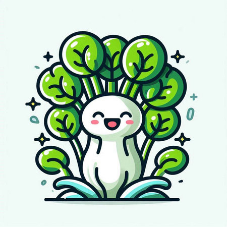Cute white rabbit with green tree. Vector illustration in flat style.のイラスト素材