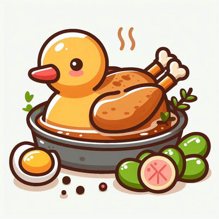 Illustration of a duck in a frying pan with chicken meat.のイラスト素材