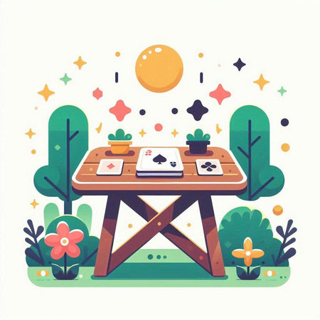 Wooden table with tablecloth in the park. Vector illustration.のイラスト素材