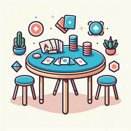 Vector illustration of a table for playing cards and poker chips in flat style.のイラスト素材