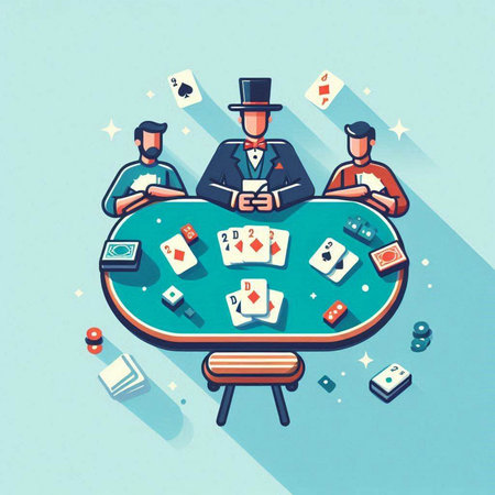 Vector illustration of poker table with chips, cards, dice and top hat.のイラスト素材