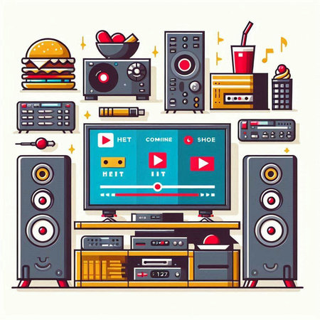 Vector illustration of home music and entertainment system. Media player, video player, home stereo, audio system, loudspeakers, headphones.のイラスト素材