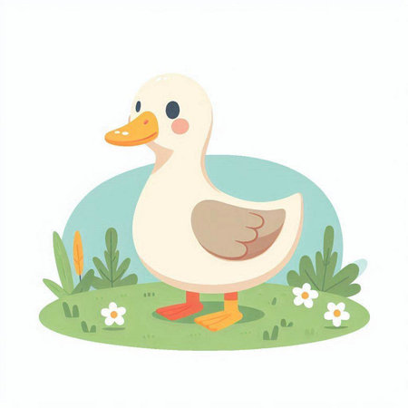 Cute duck in the grass. Vector illustration on white background.のイラスト素材