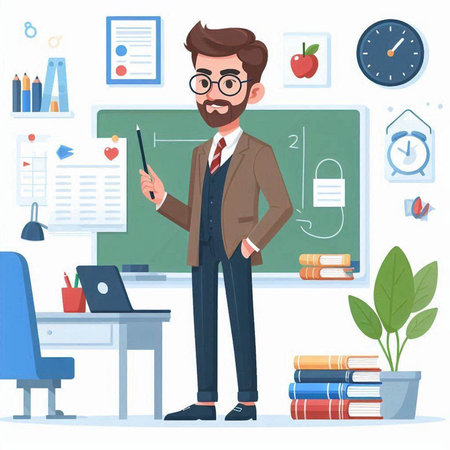 Teacher in a classroom. Vector illustration in flat cartoon style.のイラスト素材