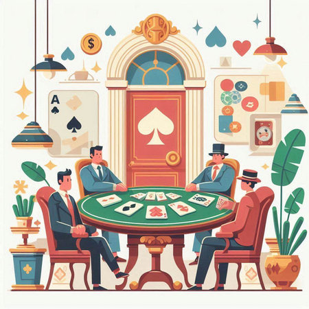 People playing poker in casino. Flat vector illustration of men in suits and masks sitting at table with cards and chips.のイラスト素材