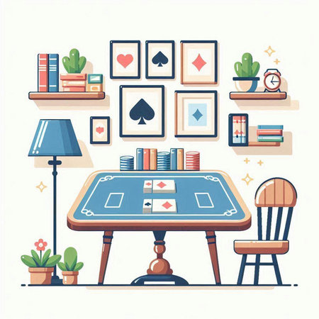 Casino room with table, chair and bookshelves. Vector illustrationのイラスト素材