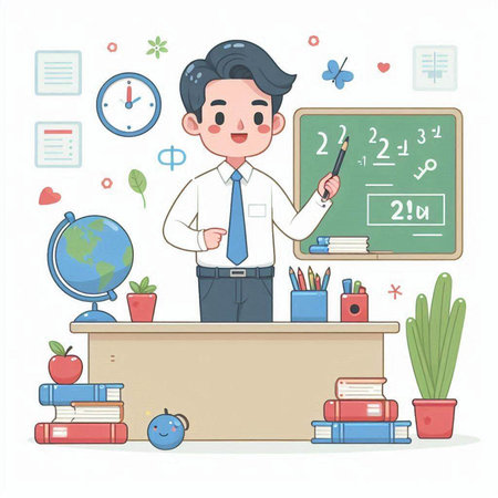 Teacher in classroom. Back to school. Vector illustration in cartoon style.のイラスト素材
