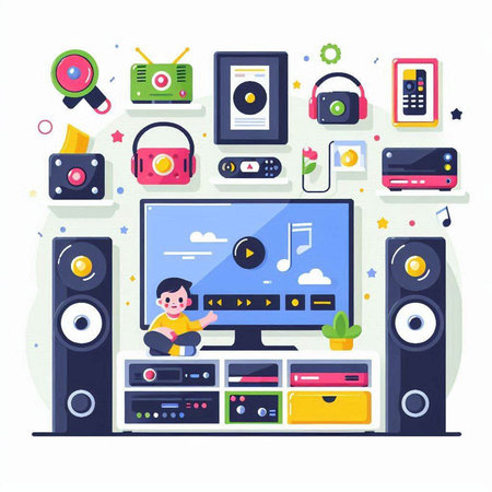 Home entertainment flat design vector illustration. Video player, headphones, speakers, microphone, tv, music player, monitor, mp3 player.のイラスト素材
