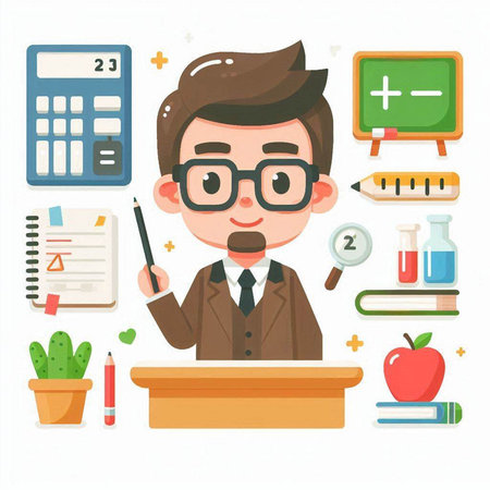 School teacher in classroom. Vector illustration in flat style. Back to school.のイラスト素材