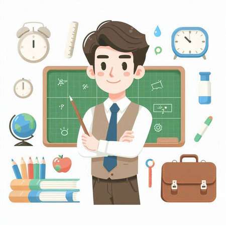 Young man in the classroom with school supplies. Vector illustration of a teacher.のイラスト素材