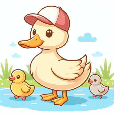 Illustration of a Cute Duck and Ducklings in the Waterのイラスト素材