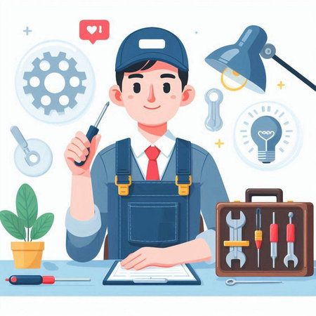 Repairman with screwdriver and tools in his hands. Vector illustrationのイラスト素材