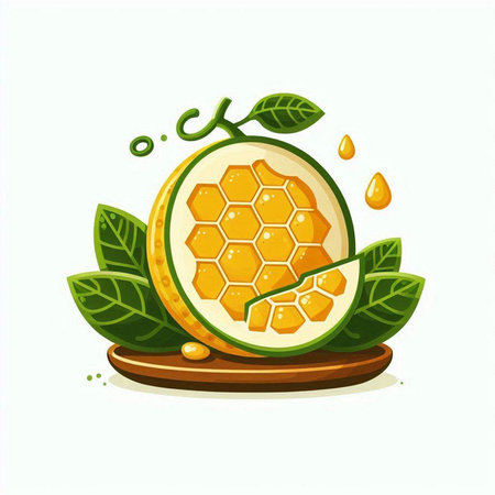 Illustration of fresh passion fruit with leaves and honeycombs.のイラスト素材