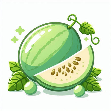 Watermelon with green leaves. Vector illustration isolated on white background.のイラスト素材